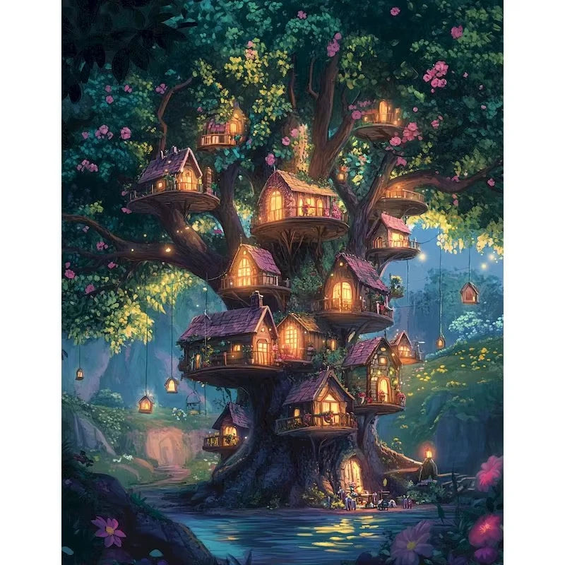 Set Diamond Painting – Castel Fantastic la Lumina Lunii, Peisaj DIY Decor Acasă