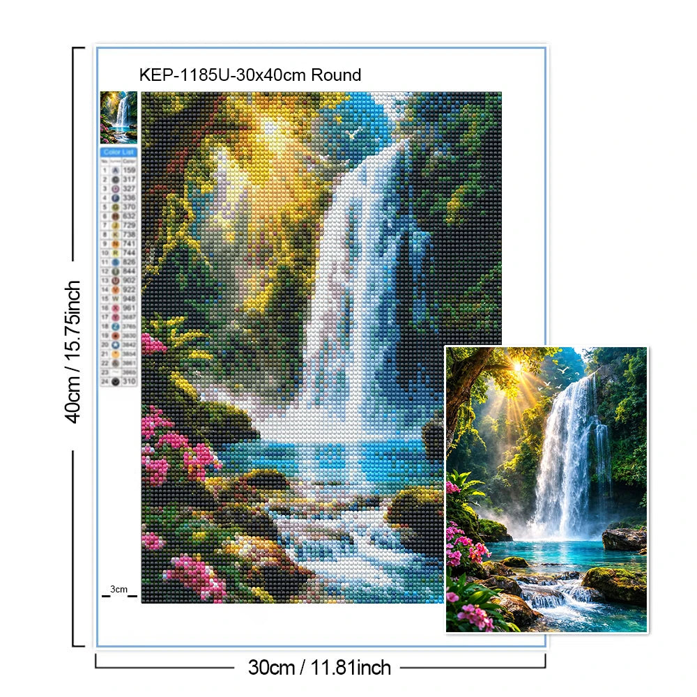 Set Diamond Painting – Cascadă și Apus de Soare, Peisaj Natură 5D