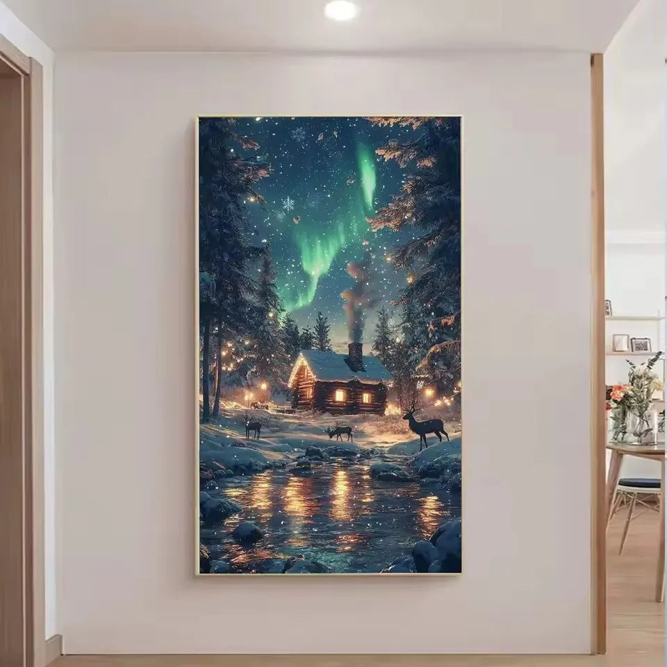 Set Diamond Painting – Peisaj de Iarnă cu Auroră, Mozaic Acrilic DIY