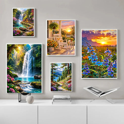 Set Diamond Painting – Cascadă și Apus de Soare, Peisaj Natură 5D