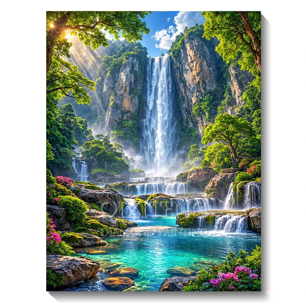 Set Diamond Painting – Cascadă și Apus de Soare, Peisaj Natură 5D