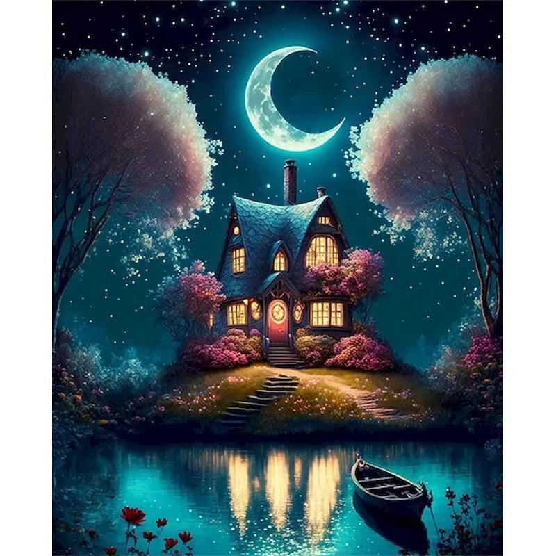 Set Diamond Painting – Castel Fantastic la Lumina Lunii, Peisaj DIY Decor Acasă