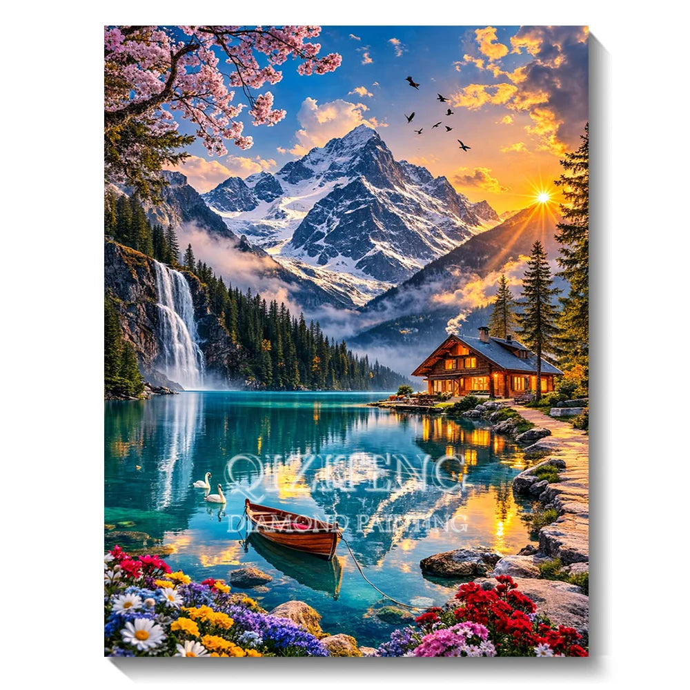 Set Diamond Painting – Cascadă și Apus de Soare, Peisaj Natură 5D