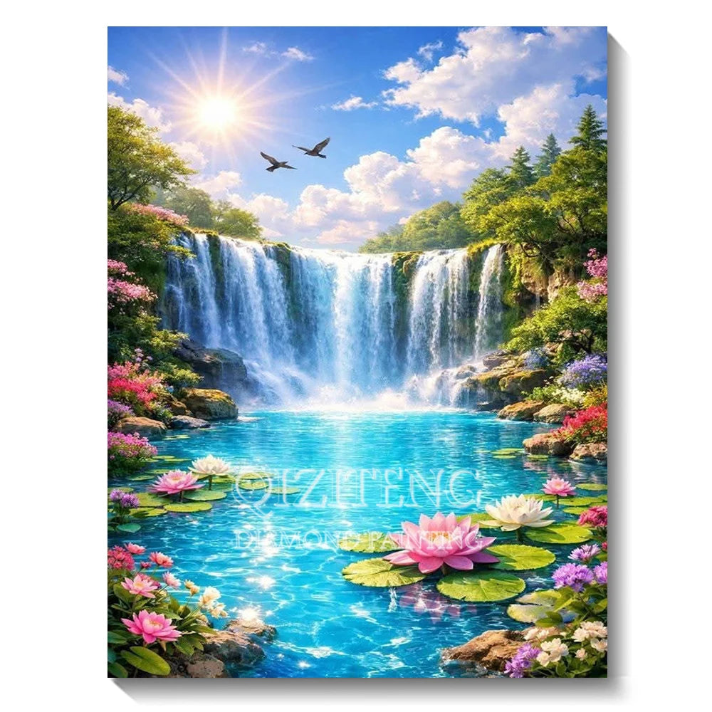 Set Diamond Painting – Cascadă și Apus de Soare, Peisaj Natură 5D
