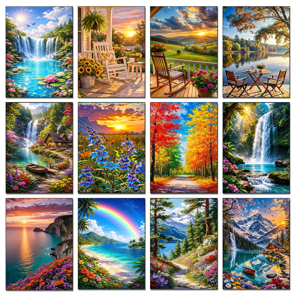 Set Diamond Painting – Cascadă și Apus de Soare, Peisaj Natură 5D