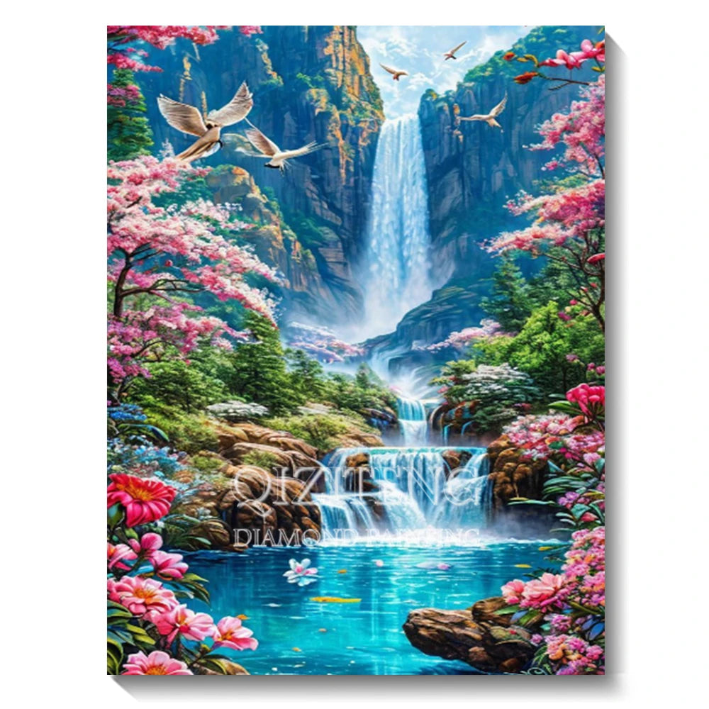 Set Diamond Painting – Cascadă și Apus de Soare, Peisaj Natură 5D