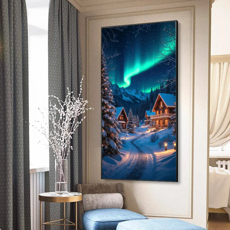 Set Diamond Painting – Peisaj de Iarnă cu Auroră, Mozaic Acrilic DIY