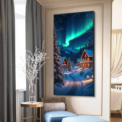 Set Diamond Painting – Peisaj de Iarnă cu Auroră, Mozaic Acrilic DIY
