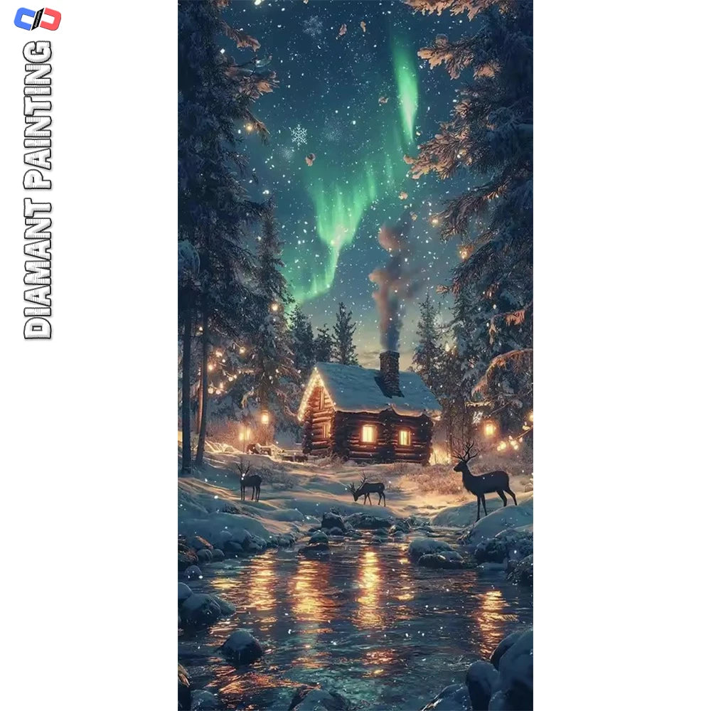 Set Diamond Painting – Peisaj de Iarnă cu Auroră, Mozaic Acrilic DIY