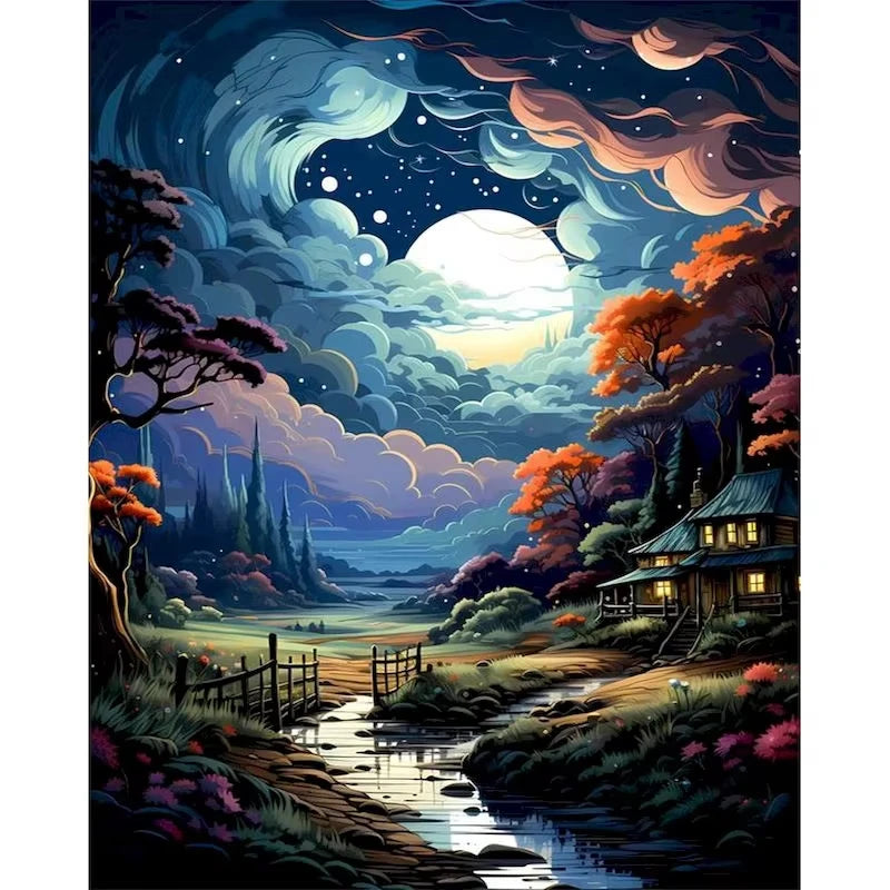 Set Diamond Painting – Castel Fantastic la Lumina Lunii, Peisaj DIY Decor Acasă