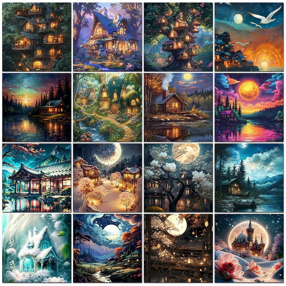 Set Diamond Painting – Castel Fantastic la Lumina Lunii, Peisaj DIY Decor Acasă