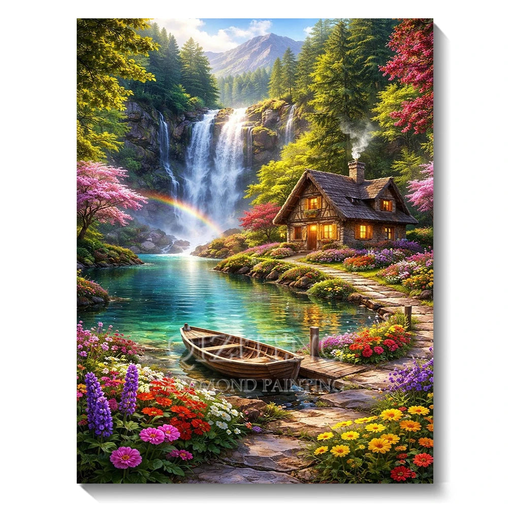 Set Diamond Painting – Cascadă și Apus de Soare, Peisaj Natură 5D