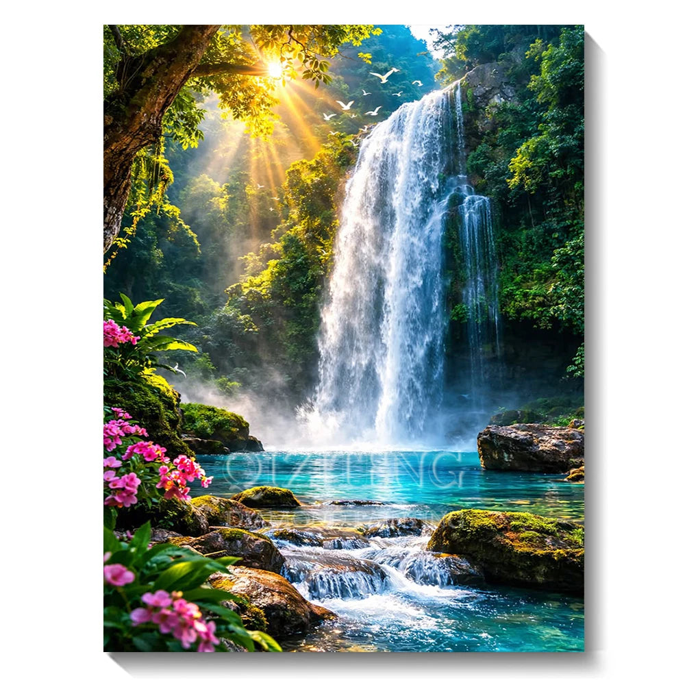 Set Diamond Painting – Cascadă și Apus de Soare, Peisaj Natură 5D